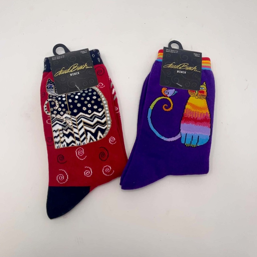 Laurel Burch Cat Socks LB1105 LB1044 Purple Red NWT 2 Pair Women's Size 9-11